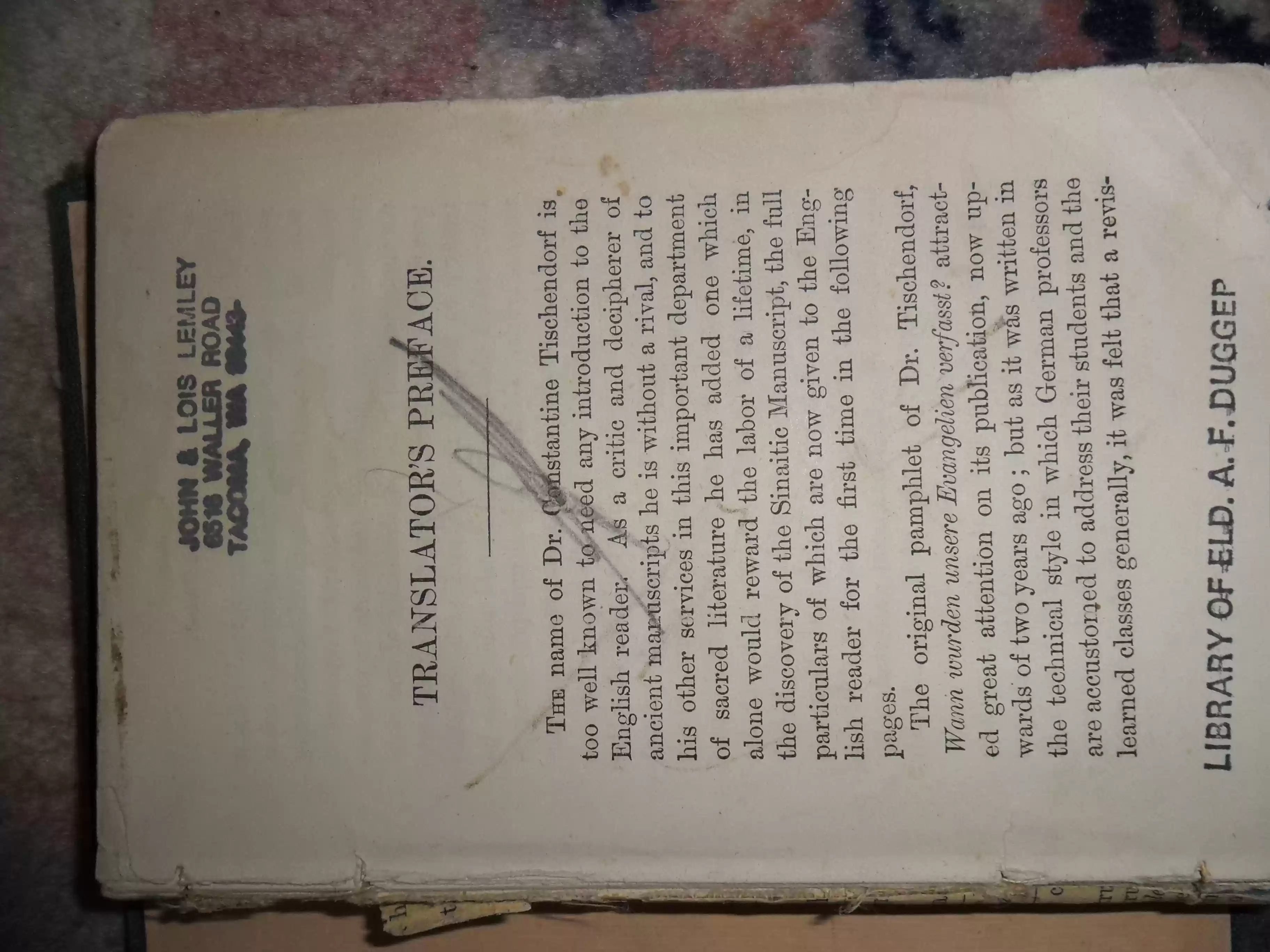 SAM_0493-Preface to book Sinatic Manuscript' by Tischendorf from library of Andrew Ferguson Dugger